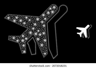 Glossy polygonal mesh net aviation icon with glitter effect on a black background. Wire frame aviation iconic vector with glitter spheres in vibrant colors.