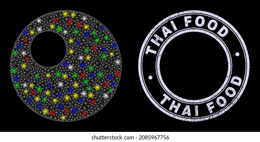 Glossy polygonal mesh net ball icon with glow effect on a black background, and Thai Food textured stamp. Illuminated vector mesh created from ball icon, with white mesh and magic light spots.