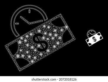 Icono de tiempo de crédito de la red de malla poligonal brillante con efecto brillante sobre un fondo negro. Tiempo de crédito de los billetes en marcos alámbricos icónico vector con esferas brillantes en colores mágicos.