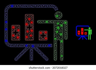 Glossy polygonal mesh net bar chart presentation icon with glow effect on a black background. Constellation bar chart presentation iconic vector with glowing dots in stardust colors.