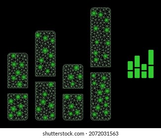 Glossy polygonal mesh net bar chart icon with glow effect on a black background. Wire frame bar chart iconic vector with glamour points in vibrant colors.