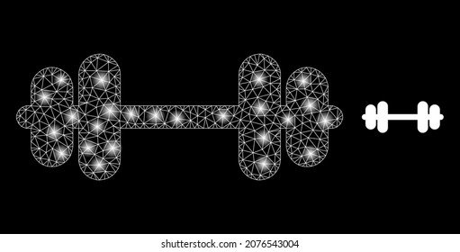 Glossy polygonal mesh net barbell icon with glare effect on a black background. Carcass barbell iconic vector with glamour dots in stardust colors. Abstraction flat mesh is designed with triangles,