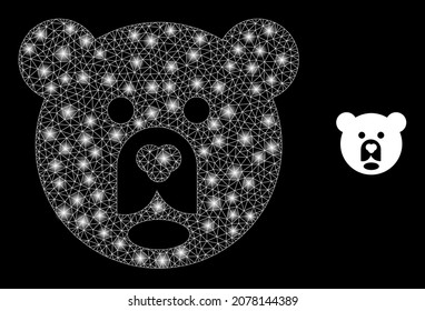 Glossy polygonal mesh net bear head icon with glow effect on a black background. Wire frame bear head iconic vector with flash dots in magic colors. Abstraction 2d mesh designed with polygonal grid,