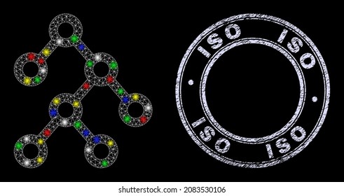 Glossy polygonal mesh net binary structure icon with glow effect on a black background, and ISO scratched seal. Illuminated vector model created from binary structure symbol,
