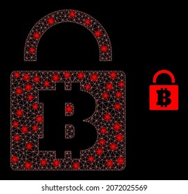 Glossy polygonal mesh net bitcoin lock icon with glare effect on a black background. Wire frame bitcoin lock iconic vector with flash dots in magic colors.