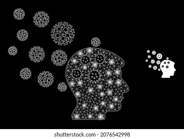 Glossy polygonal mesh net brain infection trail icon with glow effect on a black background. Carcass brain infection trail iconic vector with flash dots in vibrant colors.