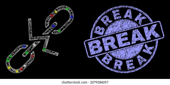 Glossy Polygonal Mesh Net Break Chain Icon With Glitter Effect On A Black Background, And Break Corroded Seal Imitation. Illuminated Vector Mesh Created From Break Chain Pictogram,