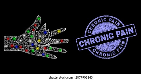 Glossy polygonal Mesh Netz brennen Hand Symbol mit glatter Wirkung auf schwarzem Hintergrund, und Chronic Pain schmutzige Robbe Imitation. Illuminiertes Vektormodell, das aus dem Symbol auf der Brennhand erstellt wurde,