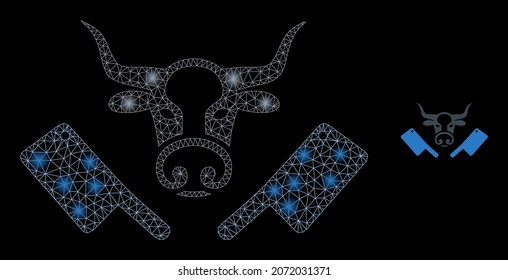 Glossy polygonal mesh net butchery knives icon with glare effect on a black background. Constellation butchery knives iconic vector with shiny dots in stardust colors.