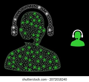 Glossy polygonal mesh net call center operator icon with glare effect on a black background. Constellation call center operator iconic vector with flash spheres in vibrant colors.