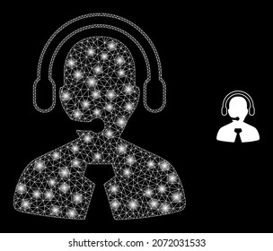 Glossy polygonal mesh net call center manager icon with glitter effect on a black background. Wire frame call center manager iconic vector with glitter points in vibrant colors.