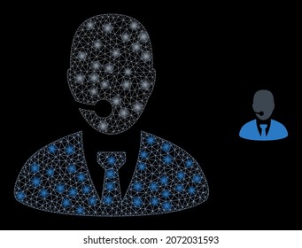 Glossy polygonal mesh net call center operator icon with glare effect on a black background. Carcass call center operator iconic vector with glitter points in majestic colors.