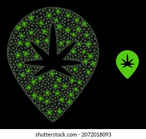 Glossy polygonal mesh net cannabis map marker icon with glare effect on a black background. Constellation cannabis map marker iconic vector with glowing spheres in stardust colors.