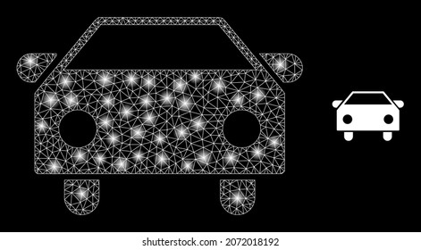 Glossy polygonal mesh net car icon with glow effect on a black background. Wire frame car iconic vector with glamour points in majestic colors. Abstract 2d mesh designed with polygonal grid,