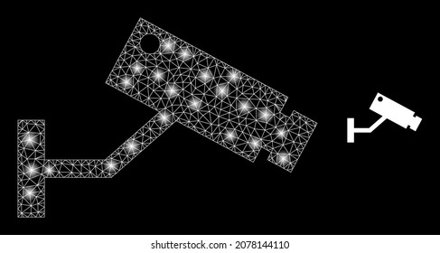 Glossy polygonal mesh net CCTV camera icon with glitter effect on a black background. Network CCTV camera iconic vector with glowing points in vibrant colors.