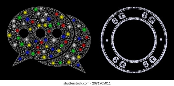 Glossy polygonal mesh net chat messages icon with glitter effect on a black background, and 6G textured seal. Illuminated vector model created from chat messages icon,