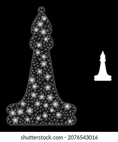 Glossy polygonal mesh net chess bishop icon with glitter effect on a black background. Network chess bishop iconic vector with glitter points in majestic colors.