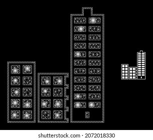 Glossy polygonal mesh net city buildings icon with glare effect on a black background. Constellation city buildings iconic vector with glitter dots in bright colors.