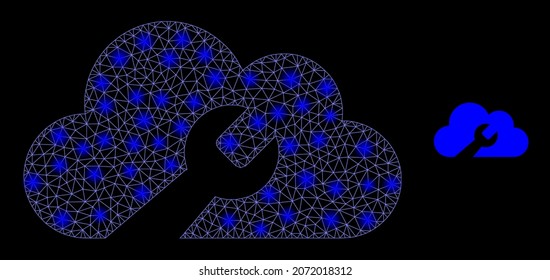 Glossy polygonal mesh net cloud wrench icon with glow effect on a black background. Wire frame cloud wrench iconic vector with glamour dots in stardust colors.