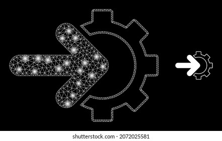 Glossy polygonal mesh net cog arrow integration icon with glitter effect on a black background. Carcass cog arrow integration iconic vector with glowing dots in stardust colors.