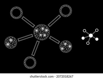 Glossy polygonal mesh net connections icon with glare effect on a black background. Carcass connections iconic vector with glowing dots in stardust colors.