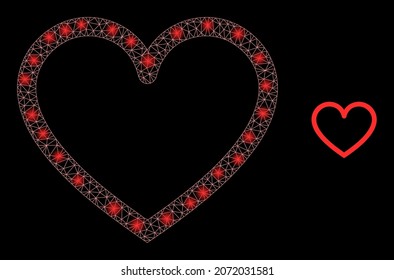 Icono cardíaco de contorno de malla poligonal brillante con efecto de resplandor sobre un fondo negro. La constelación contorna el vector icónico del corazón con puntos brillantes en colores brillantes.