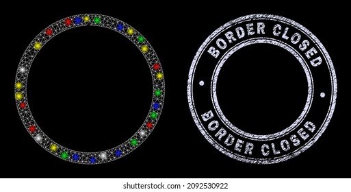 Glossy polygonal mesh net contour circle icon with glare effect on a black background, and Border Closed grunge stamp seal. Illuminated vector mesh created from contour circle pictogram,