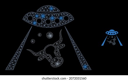 Glossy polygonal mesh net cow abduction icon with glitter effect on a black background. Carcass cow abduction iconic vector with flash dots in bright colors.