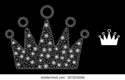 Glossy polygonal mesh net crown icon with glitter effect on a black background. Network crown iconic vector with glowing spheres in vibrant colors. Abstract flat mesh designed with polygonal grid,