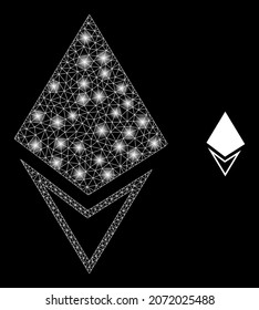 Glossy polygonal mesh net crystal icon with glare effect on a black background. Constellation crystal iconic vector with shiny spheres in magic colors.