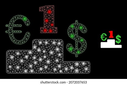 Glossy polygonal mesh net currency pedestal icon with glare effect on a black background. Constellation currency pedestal iconic vector with glowing points in vibrant colors.