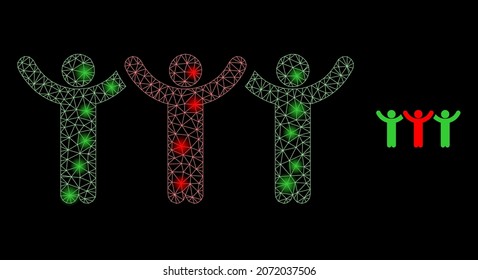 Glossy polygonal mesh net dancing people icon with glare effect on a black background. Constellation dancing people iconic vector with glamour points in bright colors.