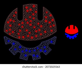 Glossy polygonal mesh net development helmet icon with glare effect on a black background. Wire frame development helmet iconic vector with shiny dots in majestic colors.