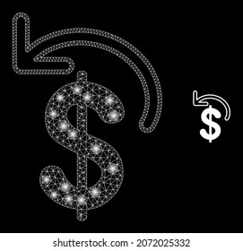 Glossy polygonal mesh net dollar refund icon with glare effect on a black background. Network dollar refund iconic vector with shiny dots in stardust colors.