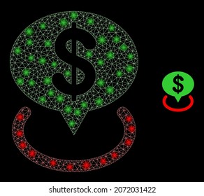 Glossy polygonal mesh net dollar placement icon with glow effect on a black background. Constellation dollar placement iconic vector with illuminated points in stardust colors.