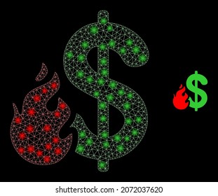 Glossy polygonal mesh net dollar fire icon with glare effect on a black background. Network dollar fire iconic vector with flash dots in stardust colors. Abstraction 2d mesh created from triangles,