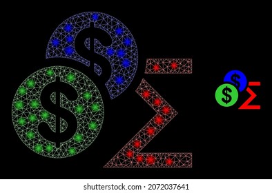 Glossy polygonal mesh net dollar sum icon with glitter effect on a black background. Network dollar sum iconic vector with flash spheres in magic colors.