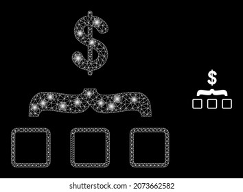 Glossy polygonal mesh net dollar aggregation icon with glitter effect on a black background. Constellation dollar aggregation iconic vector with flash dots in vibrant colors.