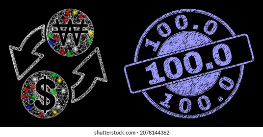 Glossy polygonal mesh net dollar exchange korean won icon with glare effect on a black background, and 100.0 textured seal print.