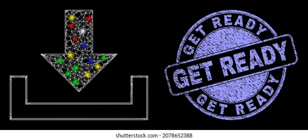 Glossy polygonal mesh net download icon with glare effect on a black background with Get Ready corroded stamp. Illuminated vector mesh created from download icon,