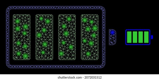 Icono de la batería eléctrica de red de malla poligonal brillante con efecto de brillo sobre el fondo negro. Batería eléctrica de armazón de alambre icónico vector con puntos brillantes en colores majestuosos.