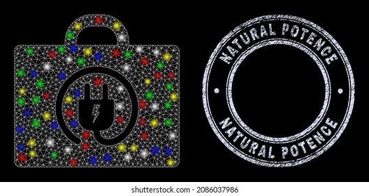 Icono de caja de enchufe eléctrico de red de malla poligonal brillante con efecto de resplandor sobre el fondo negro, y sello texturizado de Potence natural. Malla vectorial iluminada creada a partir del símbolo de la caja de enchufe eléctrica,