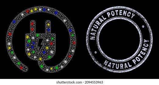 Glossy polygonal mesh net electric plug icon with glitter effect on a black background, and Natural Potency textured watermark. Illuminated vector mesh created from electric plug symbol,