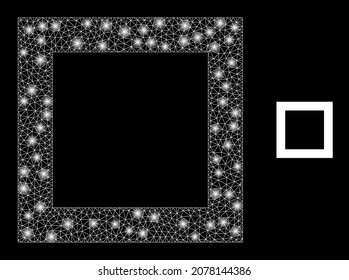 Glossy polygonal mesh net empty square icon with glitter effect on a black background. Constellation empty square iconic vector with flash dots in magic colors.