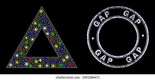 Glossy polygonal mesh net empty triangle icon with glare effect on a black background, and Gap rubber stamp. Illuminated vector constellation created from empty triangle pictogram,