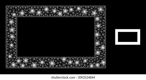 Glossy polygonal mesh net empty rectangle icon with glitter effect on a black background. Wire frame empty rectangle iconic vector with glitter dots in magic colors.