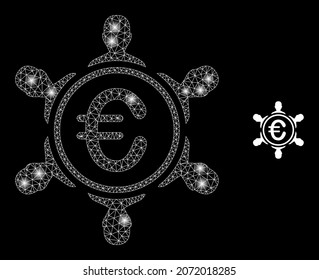 Glossy polygonal mesh net euro people company icon with glow effect on a black background. Carcass euro people company iconic vector with illuminated spheres in magic colors.