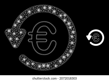 Glossy polygonal mesh net euro chargeback icon with glitter effect on a black background. Network euro chargeback iconic vector with glitter spheres in stardust colors.