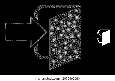 Icono de la puerta de salida de la red de malla poligonal brillante con efecto de brillo sobre un fondo negro. Vector icónico de la puerta de salida de constelación con esferas brillantes en colores majestuosos.