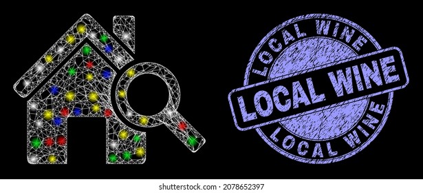 Glossy polygonal mesh net explore realty icon with glare effect on a black background with Local Wine rubber seal imitation. Illuminated vector mesh created from explore realty icon,